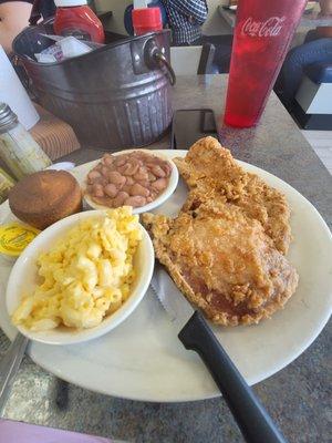 Fried pork chops Mac and Cheese with Butter beans!