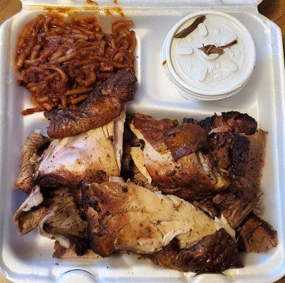 Three Meat Combo BBQ Dinner and Two Sides ($28.99): Brisket, Tri-Tip, Chicken, Sauce On Side, Bbq Spaghetti, Potato Salad