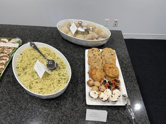 Orzo pasta salad for 15, assorted cookies for 15, assorted petite sweets for 15, fresh rolls and butter for 20