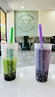 Honeydew Milk Tea 2x boba    Taro Milk Tea 2x boba