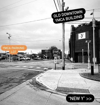 New Y = workout center, track, rec gym, classes, pool. Old Y = gyms for kids leagues & select programs. Park in lot or around building.