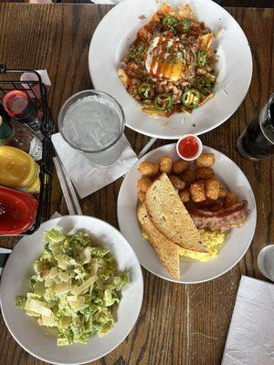 Chilaquiles (monthly feature), Logan's breakfast, side Caesar salad