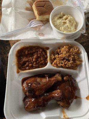 Saturday special. BBQ chicken, jambalaya rice, baked beans and potato salad.