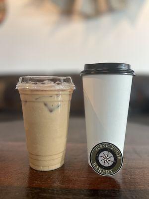 Iced honey bee latte and a hot lavender latte