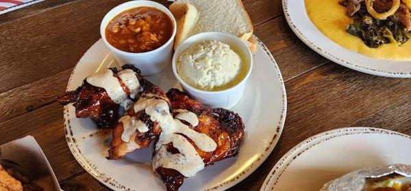 Smoked Chicken Thighs (3) Plate w Potato Salad and Baked Beans