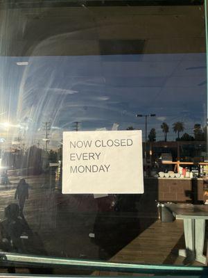 Closed Mondays! 1-29-24