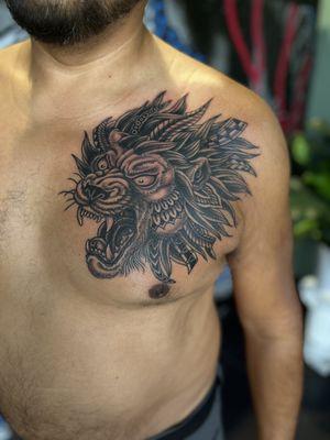 Black and gray lion tribal tattoo by William. His portfolio linked in our website, top quality high reviews san antonio tattoo shop.