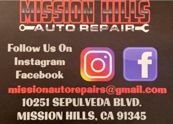 Follow us on Facebook & Instagram
 www.instagram.com/missionhillsautorepair
 www.facebook.com/missionhillsautorepair