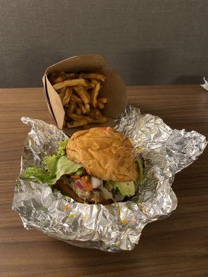 Chorizo burger and French Fries