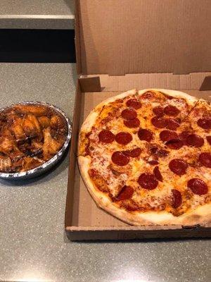 Pepperoni pizza and Buffalo Wings