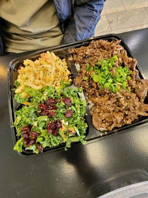 Wagyu Beef Teriyaki, Macaroni Salad, and Kale salad plate