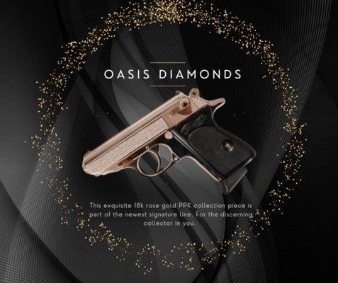 "Oasis Diamonds". This one-of-a-kind pistol showcases an 18K Rose Gold Walther PPK, embellished in over 500 individually set diamonds 15cts.