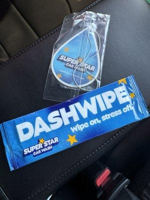 Air freshener and dash wipe