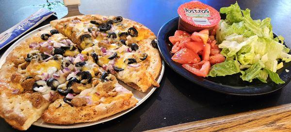 Taco Pizza = refried beans instead of red sauce = cold toppings on the side = Unique & tasty!