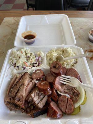 Delicious two meat BBQ plate. The service is friendly and relax. A real hidden gem to enjoy brisket...