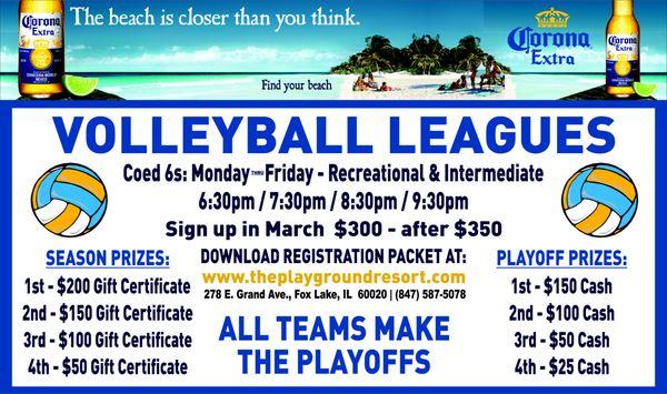 Registration now open for volleyball next door, pay for your team spot in March to save some $ -http://theplaygroundresort.com/leagues.html