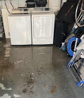 Flooded garage due to technician forgetting to re-attach laundry drain hose