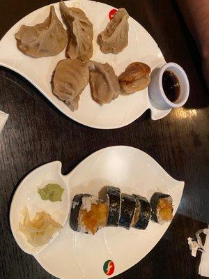 Pork dumplings and crunchy shrimp roll