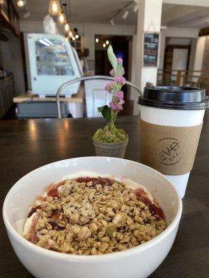 Yogurt bowl and hot mocha