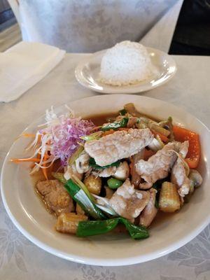 Pork stir fry- medium heat with jasmine rice