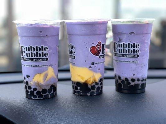 3 TARO SMOOTHIES WITH TAPIOCA BALLS, (2) WITH EGG  PUDDING