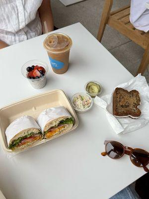 Tuna melt on ciabatta w cheddar, vegan banana bread, chia seed pudding