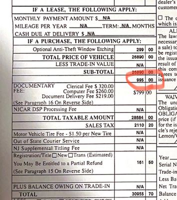 Unitemized charges ($995) and incorrect sales tax (7.4% instead of 6.625%). #s on retail order don't match financing paperwork. FRAUD ALERT