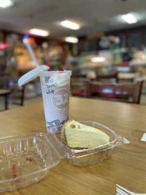 Key lime pie and black and white milkshake.