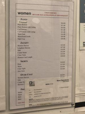 Alterations price list