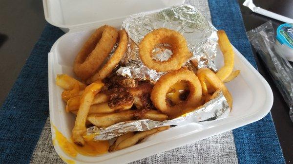 Chili Cheese Fries and Onion Rings