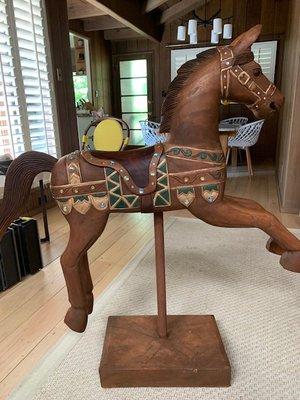 After:  Wow., fantastic job with a new look!  Horse is stained, painted, tail repaired, and beautiful rhinestones added.