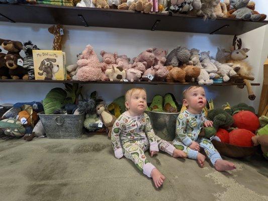 Babies in front of part of the stuffed animal selection