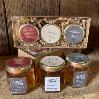 Local Honey Flight - delicious sampler of amazing North Carolina honey: Wildflower, Sourwood, and Appalachian Wildflower