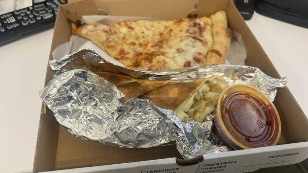 Pizza slice and chicken roll