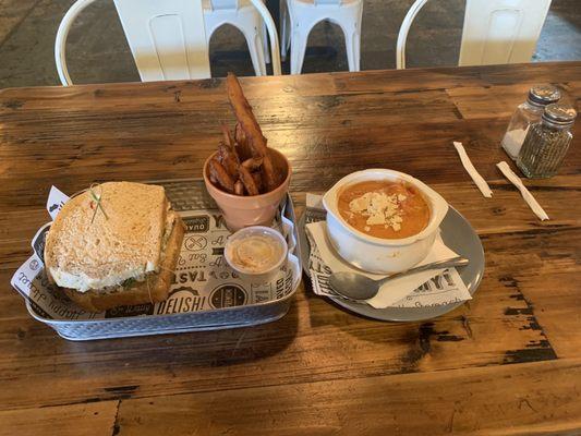 Chicken Salad Sandwich (beats Chicken Salad Chick) to pieces! Side Sweet Potato Fries and tomato bisque. Highly recommend this restaurant