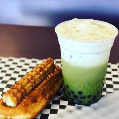 Green tea boba and churro donut!