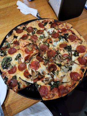 Pepperoni,  mushroom,  spinach pizza