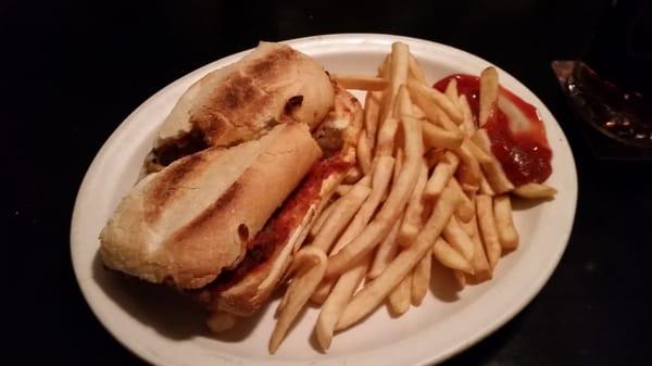 Italian meatball sandwich with fries.  $10.90 tax/tip not included.