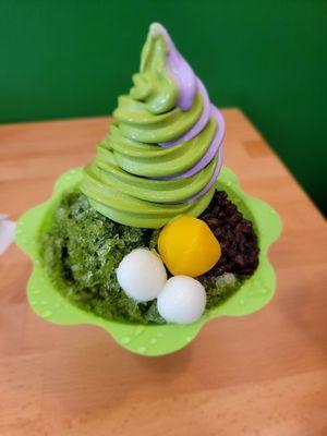 Shaved ice with matcha n ube soft serve