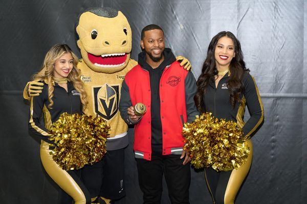 The Commissioner with Chance and cheerleaders for the Golden Knights.