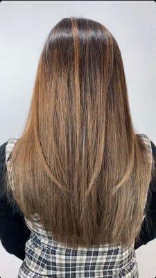 brown balayage/ombré coloring with long layers and U shape hair cut