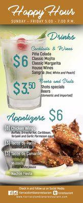 Happy Hour menu: drinks and appetizers for just $6. Sun-Fri 5-7 p.m.