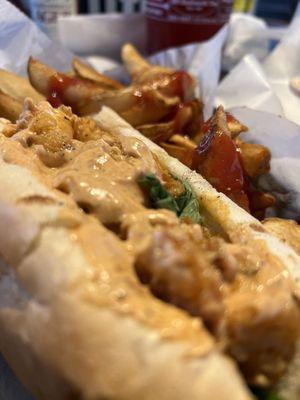 Shrimp Po boy w Buffalo sauce and fries