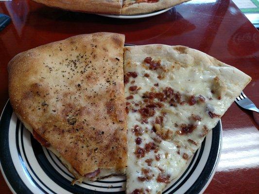 Chicken bacon ranch and double crust ham salami and pepperoni.  YUM