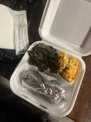 Collard Greens, macaroni & cheese and a smoked sausage