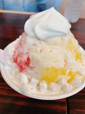 Shave ice with coconut, mango, cherry flavoring and topped with snow cap, Mochi, sweet foam