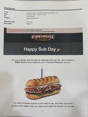 Birthday gift from Firehouse Subs