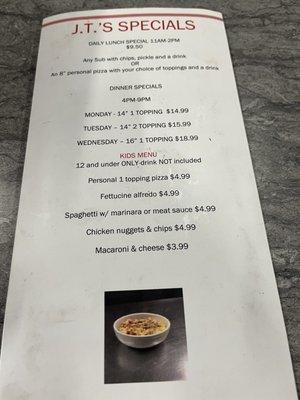 Specials menu