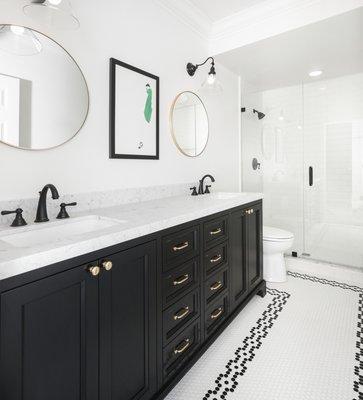 Bathroom Remodel.Quartz Countertops and White Tile Installation