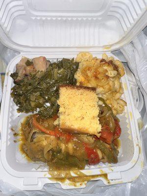 Baked Mac and Cheese, smothered Turkey Wings, Corn Bread, & Collard Greens